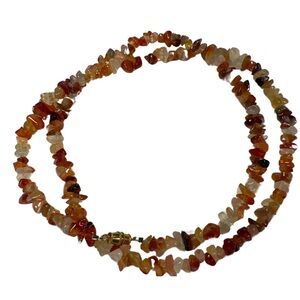 Carnelian, Amber, & Clear Quartz Stone Chip Necklace 26” Gold Tone Barrel Clasp